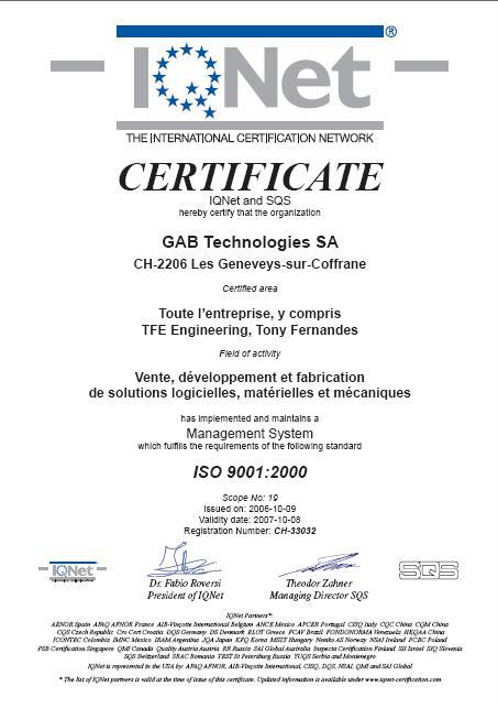 ISO 9001:2000 certificat IQNET