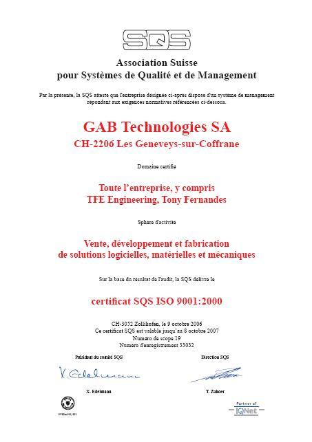 ISO 9001:2000 certificat SQS